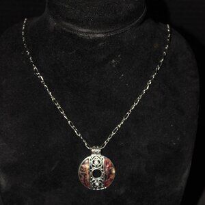 Stainless Steel Necklace with a Circular Jade & Heart Shaped Medallion